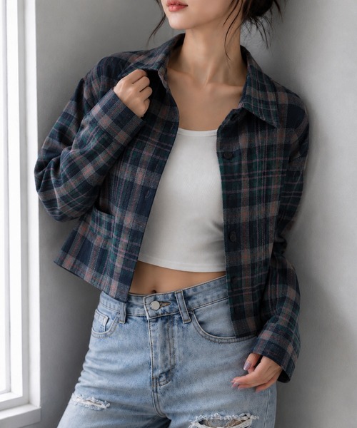 meJane(ミージェーン)の「マドラスチェック クロップド丈ネルシャツ(シャツ/ブラウス・レディース・ブラウン系/ネイビー系・FREE)」の6枚目の写真