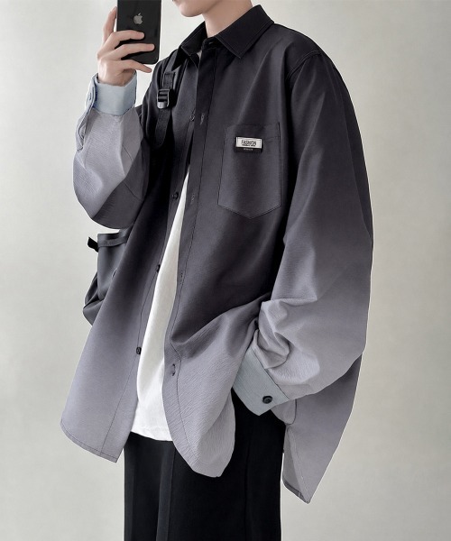 AsaAura(アサオーラ)の「グラデーション長袖シャツメンズオーバー服(シャツ/ブラウス・メンズ・グリーン/スカイブルー/ブラック・FREE)」の2枚目の写真