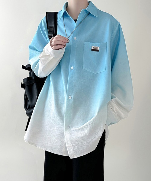 AsaAura(アサオーラ)の「グラデーション長袖シャツメンズオーバー服(シャツ/ブラウス・メンズ・グリーン/スカイブルー/ブラック・FREE)」の10枚目の写真