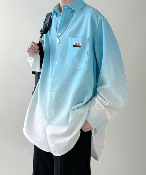 AsaAura(アサオーラ)の「グラデーション長袖シャツメンズオーバー服(シャツ/ブラウス・メンズ・グリーン/スカイブルー/ブラック・FREE)」の12枚目の写真