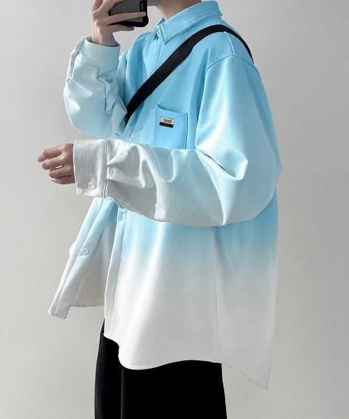 AsaAura(アサオーラ)の「グラデーション長袖シャツメンズオーバー服(シャツ/ブラウス・メンズ・グリーン/スカイブルー/ブラック・FREE)」の13枚目の写真