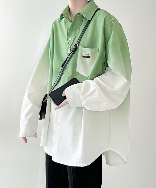AsaAura(アサオーラ)の「グラデーション長袖シャツメンズオーバー服(シャツ/ブラウス・メンズ・グリーン/スカイブルー/ブラック・FREE)」の15枚目の写真