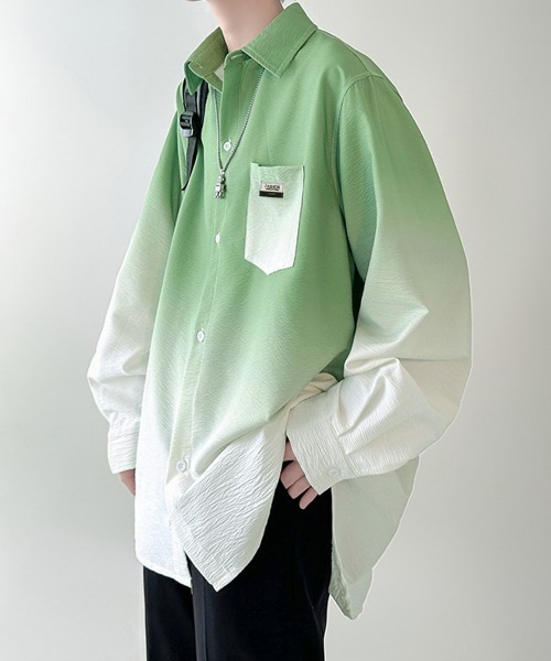 AsaAura(アサオーラ)の「グラデーション長袖シャツメンズオーバー服(シャツ/ブラウス・メンズ・グリーン/スカイブルー/ブラック・FREE)」の16枚目の写真