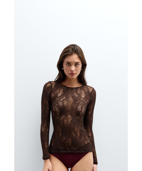 Intimissimi（インティミッシミ）の「ストレッチレース ロングスリーブ トップス（ニット/セーター・レディース・モカ/ブラック・S/L/M）」の2枚目の写真