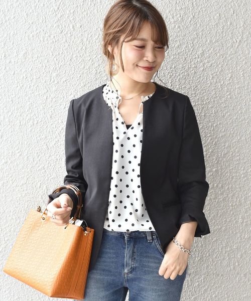 SHIPS(シップス)の「ノーカラージャケット(ノーカラージャケット・レディース・ブラック/オフホワイト/トップグレー・36/38/34)」の2枚目の写真