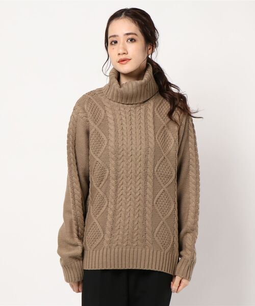 Bling Leads(ブリングリーズ)の「【Bl】ケーブルタートルネックニット(ニット/セーター・レディース・ベージュ/グレー/キャメル/ネイビー/ブルー/オフホワイト/ブラック/ダークグリーン/ワイン/マスタード/モカ/アイボリー/ピンク・MEDIUM/X-LARGE/LARGE)」の1枚目の写真