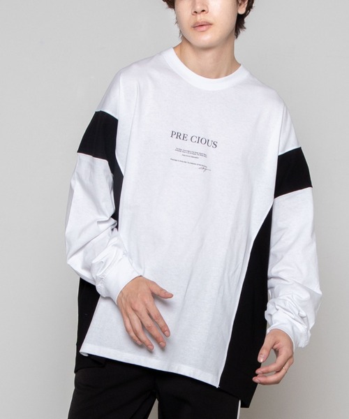 WEGO(ウィゴー)の「WEGO/サイドカラーブロックビッグシルエットロンT(Tシャツ/カットソー・メンズ・ホワイト/ベージュ・MEDIUM/LARGE)」の2枚目の写真