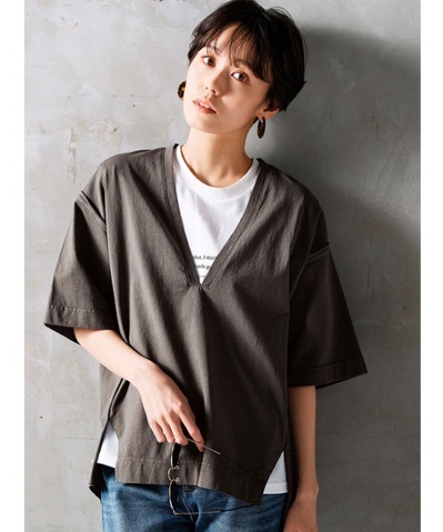 GeeRA(ジーラ)の「ピグメント半袖Vネックプルオーバー(Tシャツ/カットソー・レディース・パープル/チャコール・LARGE/X-LARGE/MEDIUM)」の1枚目の写真