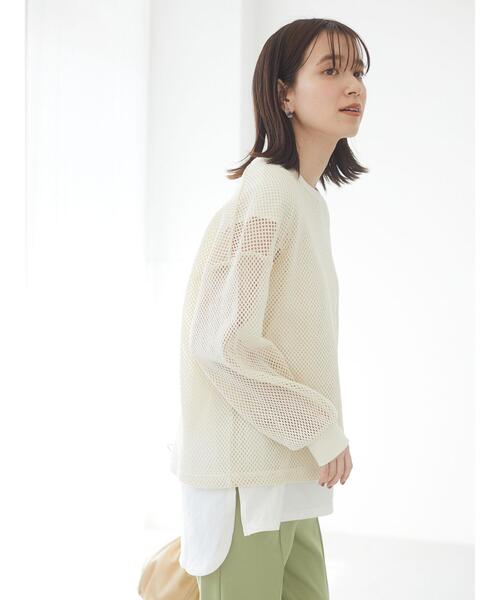 Green Parks(グリーンパークス)の「SET2点 メッシュプルオーバー+Tシャツ*(Tシャツ/カットソー・レディース・グレイッシュベージュ/オフホワイト/カーキ・FREE)」の4枚目の写真