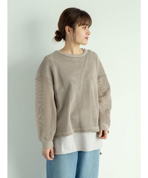 Green Parks(グリーンパークス)の「SET2点 メッシュプルオーバー+Tシャツ*(Tシャツ/カットソー・レディース・グレイッシュベージュ/オフホワイト/カーキ・FREE)」の5枚目の写真