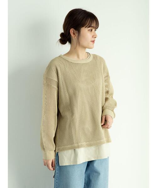 Green Parks(グリーンパークス)の「SET2点 メッシュプルオーバー+Tシャツ*(Tシャツ/カットソー・レディース・グレイッシュベージュ/オフホワイト/カーキ・FREE)」の6枚目の写真