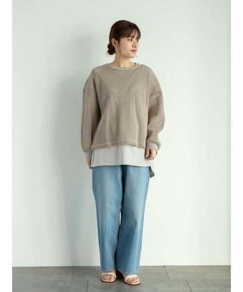 Green Parks(グリーンパークス)の「SET2点 メッシュプルオーバー+Tシャツ*(Tシャツ/カットソー・レディース・グレイッシュベージュ/オフホワイト/カーキ・FREE)」の12枚目の写真