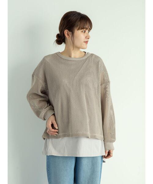 Green Parks(グリーンパークス)の「SET2点 メッシュプルオーバー+Tシャツ*(Tシャツ/カットソー・レディース・グレイッシュベージュ/オフホワイト/カーキ・FREE)」の16枚目の写真
