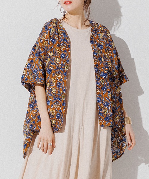 hunch(ハンチ)の「シアー×ジャガード 柄プリント 開襟シャツ(シャツ/ブラウス・レディース・ブラウン/イエロー/ライトカーキ・FREE)」の1枚目の写真