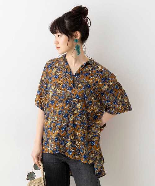 hunch(ハンチ)の「シアー×ジャガード 柄プリント 開襟シャツ(シャツ/ブラウス・レディース・ブラウン/イエロー/ライトカーキ・FREE)」の7枚目の写真