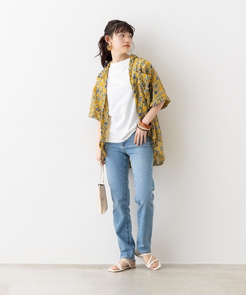 hunch(ハンチ)の「シアー×ジャガード 柄プリント 開襟シャツ(シャツ/ブラウス・レディース・ブラウン/イエロー/ライトカーキ・FREE)」の6枚目の写真