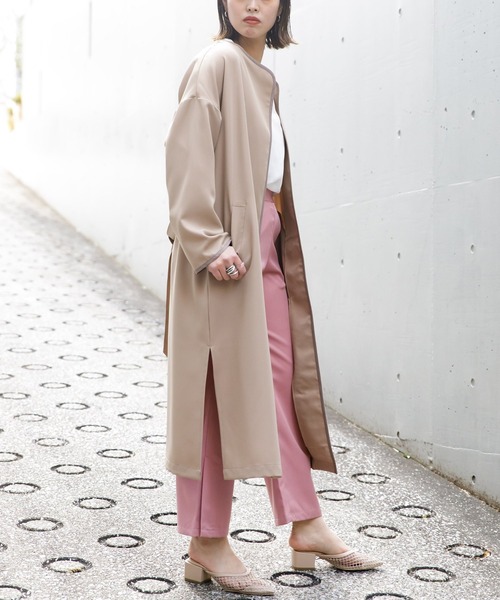 AS KNOW AS PINKY（アズノゥアズピンキー）の「パイピンスリっとコート（トレンチコート・レディース・ライトグリーン/ベージュ/グレー・FREE）」の4枚目の写真