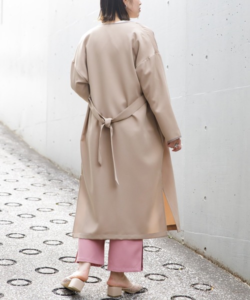 AS KNOW AS PINKY（アズノゥアズピンキー）の「パイピンスリっとコート（トレンチコート・レディース・ライトグリーン/ベージュ/グレー・FREE）」の5枚目の写真