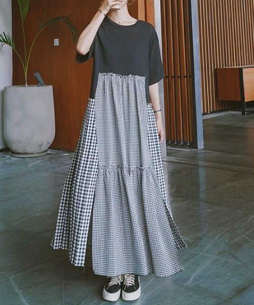 ABITOKYO(アビトーキョー)の「カットソー切り替えギンガムチェックティアードロングワンピース(ワンピース・レディース・ブラック/レッド/ブルー/グリーン・FREE)」の12枚目の写真