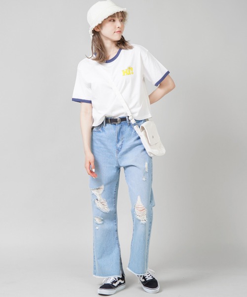 SPINNS（スピンズ）の「NICOバックプリント リンガーTシャツ（Tシャツ/カットソー・レディース・ホワイト/ネイビー/イエロー・ONESIZE）」の9枚目の写真