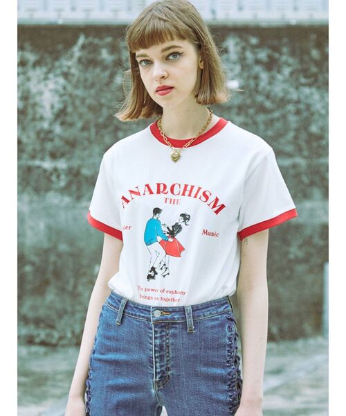 jouetie（ジュエティ）の「レトロカップルトリムTシャツ（Tシャツ/カットソー・レディース・オフホワイト/ブラック/ライトブルー・MEDIUM）」の2枚目の写真