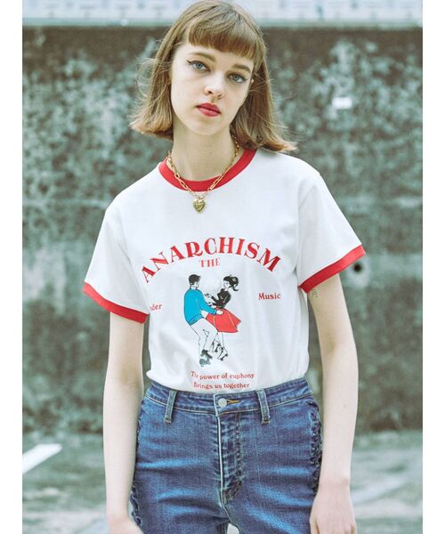 jouetie（ジュエティ）の「レトロカップルトリムTシャツ（Tシャツ/カットソー・レディース・オフホワイト/ブラック/ライトブルー・MEDIUM）」の6枚目の写真