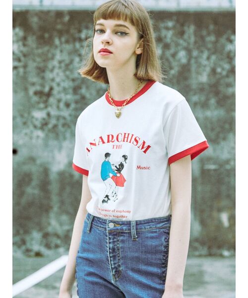 jouetie（ジュエティ）の「レトロカップルトリムTシャツ（Tシャツ/カットソー・レディース・オフホワイト/ブラック/ライトブルー・MEDIUM）」の14枚目の写真