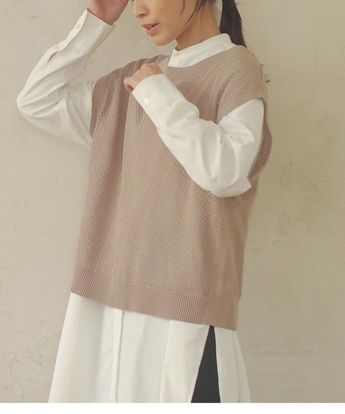 Green Parks(グリーンパークス)の「メッシュニットベスト*(ベスト・レディース・ブラック/モカ/ライトベージュ・FREE)」の1枚目の写真