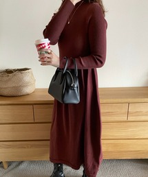 ハイネックリブニットロングワンピース