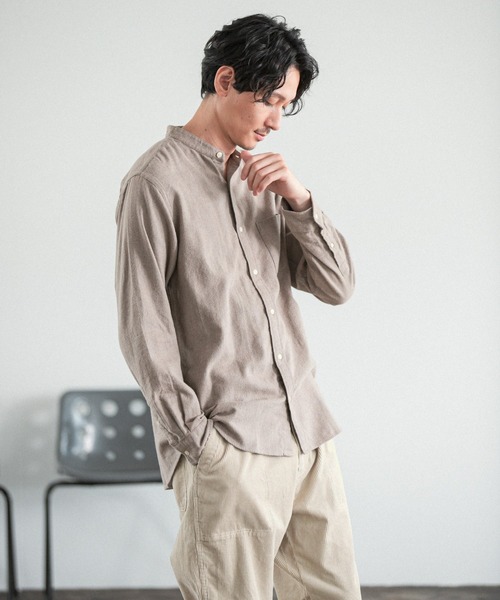 GLOBAL WORK（グローバルワーク）の「ソフトタッチネルバンドカラー/955252（シャツ/ブラウス・メンズ・オフホワイト/ホワイト系その他/スミクロ/グレー系その他/ブラウン系その他/ブラウン系その他2/ベージュ/ライトグリーン/グリーン系その他/ライトブルー/ネイビー系/ボルドー・SMALL/MEDIUM/LARGE/X-LARGE）」の8枚目の写真