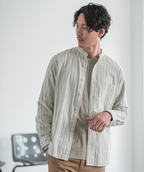 GLOBAL WORK（グローバルワーク）の「ソフトタッチネルバンドカラー/955252（シャツ/ブラウス・メンズ・オフホワイト/ホワイト系その他/スミクロ/グレー系その他/ブラウン系その他/ブラウン系その他2/ベージュ/ライトグリーン/グリーン系その他/ライトブルー/ネイビー系/ボルドー・SMALL/MEDIUM/LARGE/X-LARGE）」の3枚目の写真