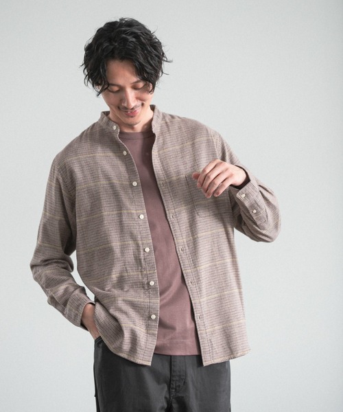 GLOBAL WORK（グローバルワーク）の「ソフトタッチネルバンドカラー/955252（シャツ/ブラウス・メンズ・オフホワイト/ホワイト系その他/スミクロ/グレー系その他/ブラウン系その他/ブラウン系その他2/ベージュ/ライトグリーン/グリーン系その他/ライトブルー/ネイビー系/ボルドー・SMALL/MEDIUM/LARGE/X-LARGE）」の6枚目の写真