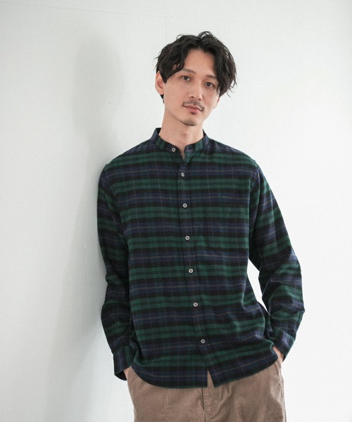 GLOBAL WORK（グローバルワーク）の「ソフトタッチネルバンドカラー/955252（シャツ/ブラウス・メンズ・オフホワイト/ホワイト系その他/スミクロ/グレー系その他/ブラウン系その他/ブラウン系その他2/ベージュ/ライトグリーン/グリーン系その他/ライトブルー/ネイビー系/ボルドー・SMALL/MEDIUM/LARGE/X-LARGE）」の10枚目の写真