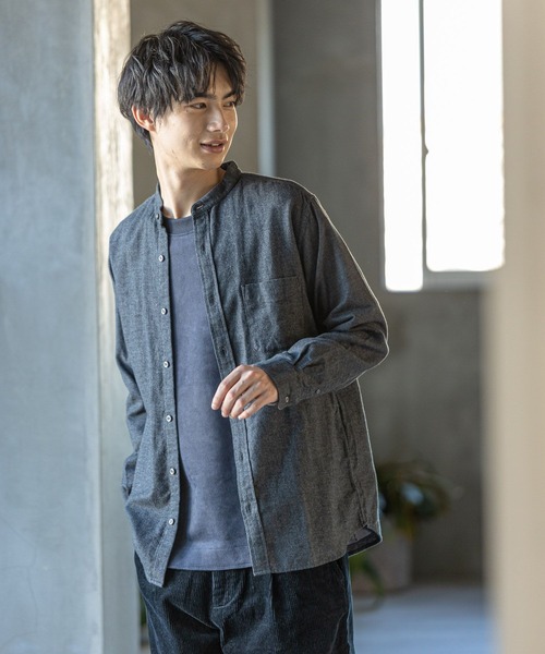 GLOBAL WORK（グローバルワーク）の「ソフトタッチネルバンドカラー/955252（シャツ/ブラウス・メンズ・オフホワイト/ホワイト系その他/スミクロ/グレー系その他/ブラウン系その他/ブラウン系その他2/ベージュ/ライトグリーン/グリーン系その他/ライトブルー/ネイビー系/ボルドー・SMALL/MEDIUM/LARGE/X-LARGE）」の4枚目の写真