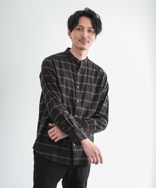 GLOBAL WORK（グローバルワーク）の「ソフトタッチネルバンドカラー/955252（シャツ/ブラウス・メンズ・オフホワイト/ホワイト系その他/スミクロ/グレー系その他/ブラウン系その他/ブラウン系その他2/ベージュ/ライトグリーン/グリーン系その他/ライトブルー/ネイビー系/ボルドー・SMALL/MEDIUM/LARGE/X-LARGE）」の7枚目の写真