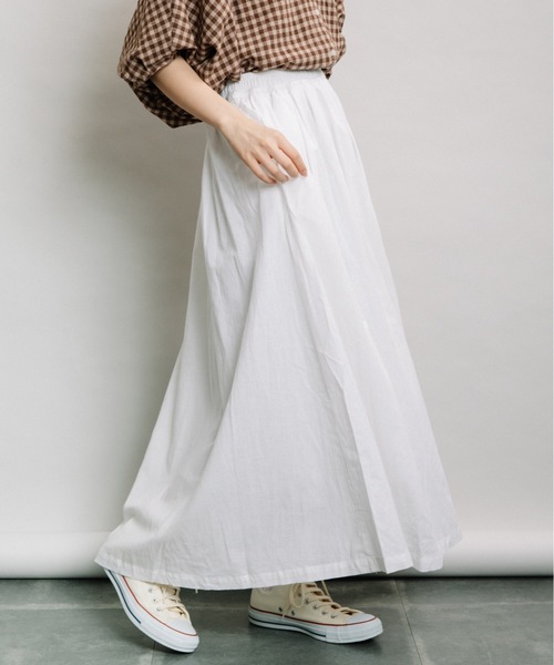 refinedworks（リファインドワークス）の「綿麻ギャザーSK（スカート・レディース・オフホワイト/キナリ/ブルー/ストライプ・FREE）」の2枚目の写真