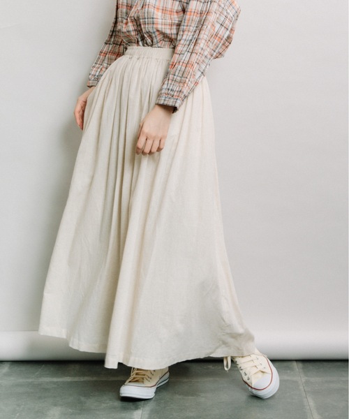 refinedworks（リファインドワークス）の「綿麻ギャザーSK（スカート・レディース・オフホワイト/キナリ/ブルー/ストライプ・FREE）」の3枚目の写真