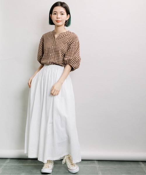 refinedworks（リファインドワークス）の「綿麻ギャザーSK（スカート・レディース・オフホワイト/キナリ/ブルー/ストライプ・FREE）」の5枚目の写真