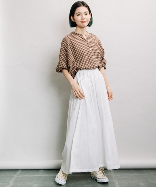 refinedworks（リファインドワークス）の「綿麻ギャザーSK（スカート・レディース・オフホワイト/キナリ/ブルー/ストライプ・FREE）」の6枚目の写真