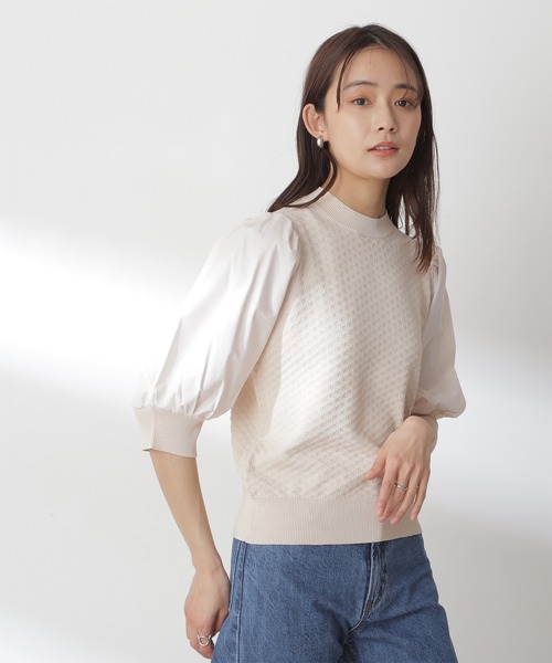 N.(N. Natural Beauty Basic)(エヌエヌナチュラルビューティーベーシック)の「◆布帛ドッキングニット(ニット/セーター・レディース・ブラック/オフホワイト/イエロー・MEDIUM)」の7枚目の写真
