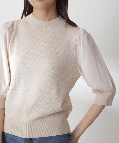 N.(N. Natural Beauty Basic)(エヌエヌナチュラルビューティーベーシック)の「◆布帛ドッキングニット(ニット/セーター・レディース・ブラック/オフホワイト/イエロー・MEDIUM)」の6枚目の写真