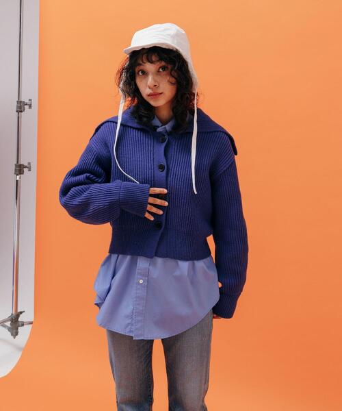 ライトブルー クロップドカーディガン シップス SHIPS 〈手洗い可能〉ブルー FOX クルーネック カーディガン