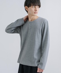 ワッフルカットソー 3ボタン ヘンリーネックTシャツ 長袖 無地T