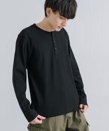 ワッフルカットソー 3ボタン ヘンリーネックTシャツ 長袖 無地T