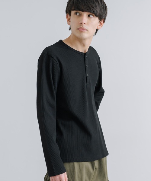 ワッフルカットソー 3ボタン ヘンリーネックTシャツ 長袖 無地T