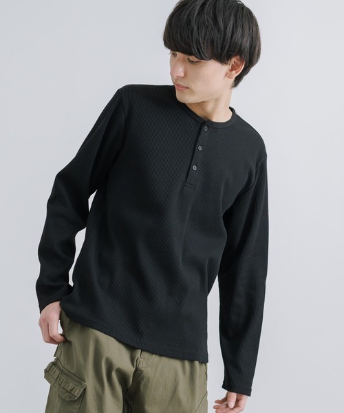ワッフルカットソー 3ボタン ヘンリーネックTシャツ 長袖 無地T（T