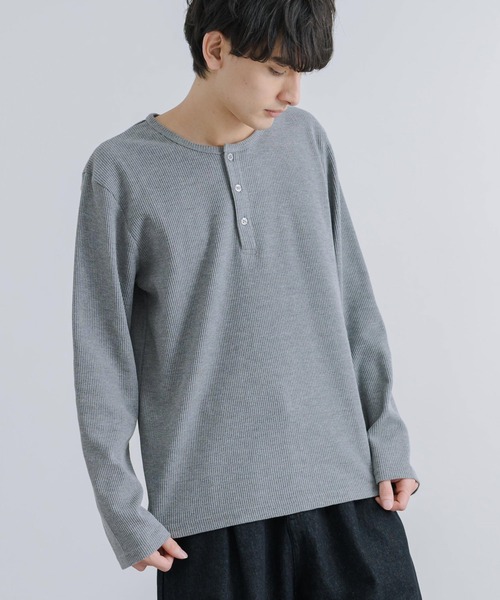 ワッフルカットソー 3ボタン ヘンリーネックTシャツ 長袖 無地T（T