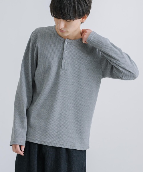 新品タグ付き Risley 異素材切り返しワッフルカットソー ブラック×カーキ ワッフルロングスリーブTシャツ《綿100%》 (7742719-06) | OCEANS × A