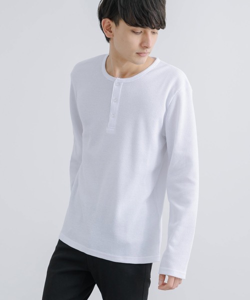 ワッフルカットソー 3ボタン ヘンリーネックTシャツ 長袖 無地T（T