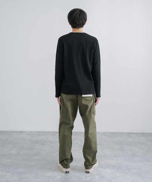 ワッフルカットソー 3ボタン ヘンリーネックTシャツ 長袖 無地T（T